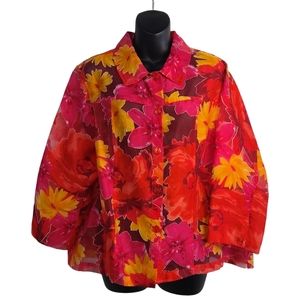 Floral Button-Front Swing Jacket in Red & Pink